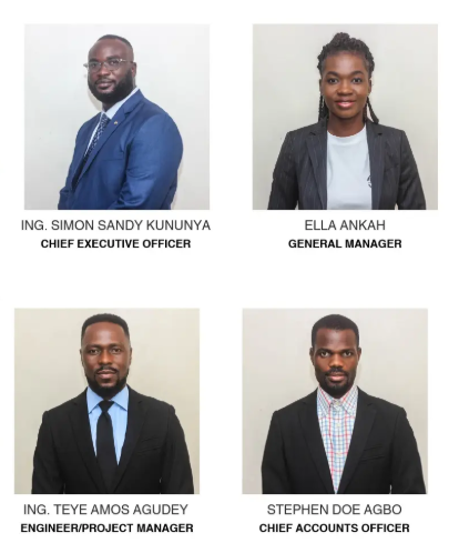 ELSIM Engineering leadership: Ing. Simon Sandy Kununya, Chief Executive Officer; Ella Ankah, General Manager; Ing. Teye Amos Agudey, Engineer and Project Manager; Stephen Doe Agbo, Chief Accounts Officer